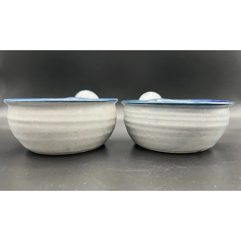 Wheel Thrown Studio Art Pottery 5.5” Handled Soup Bowls Blue & White Signed x2